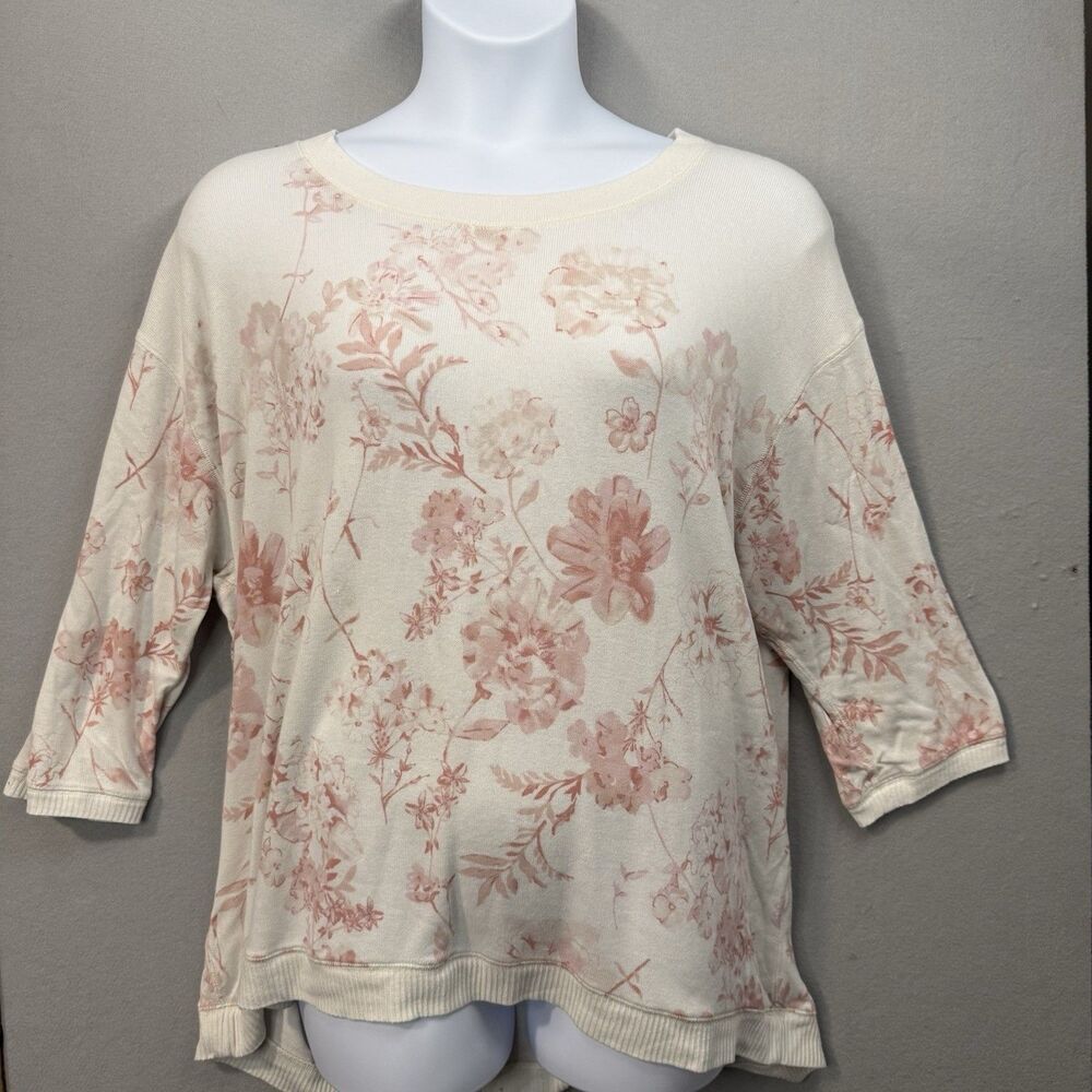 Sonoma Goods For Life Soft Stretch Knit Top 2X Pink Ivory Floral 3/4 Sleeve